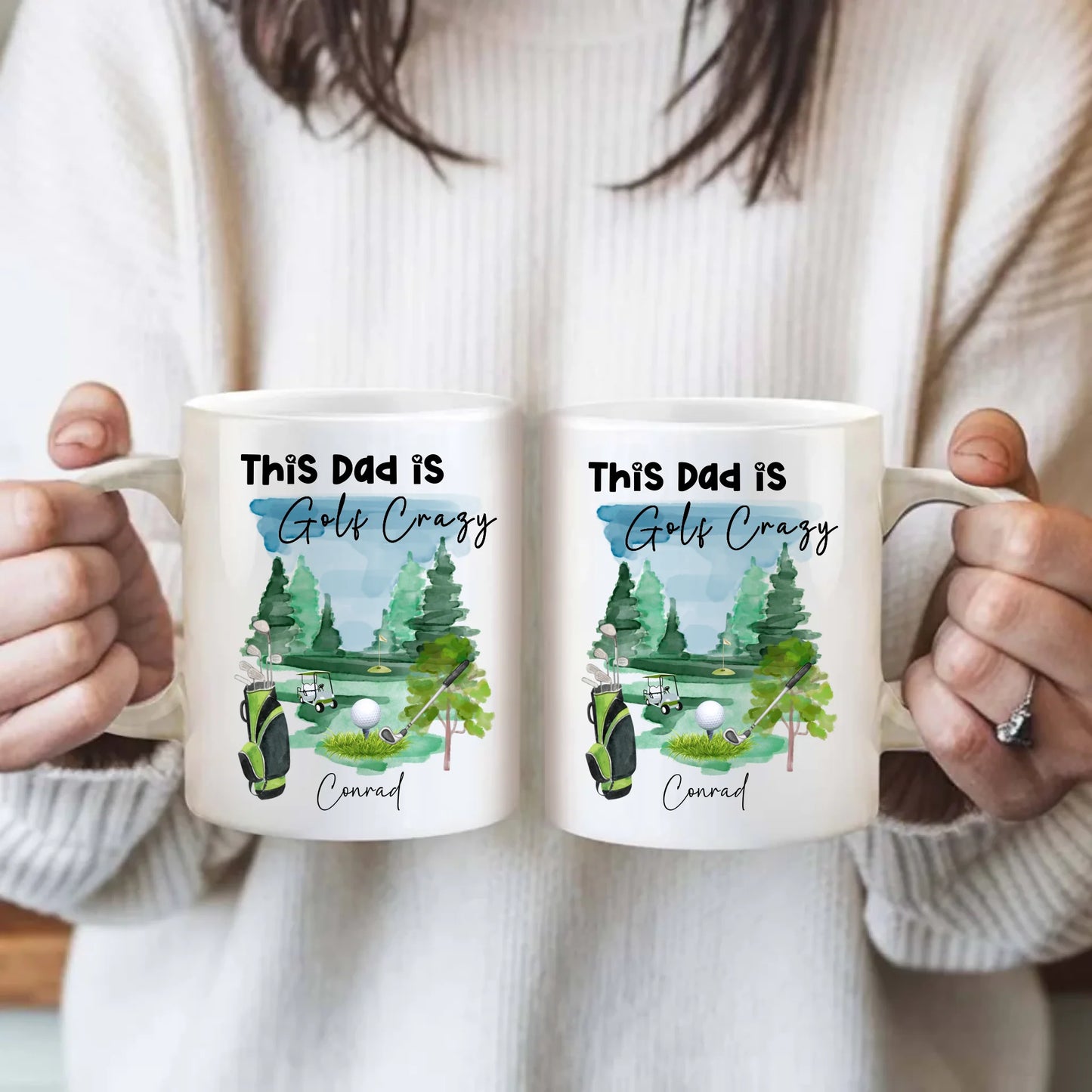 Close-up of golf-themed mug for dad with outdoor scene