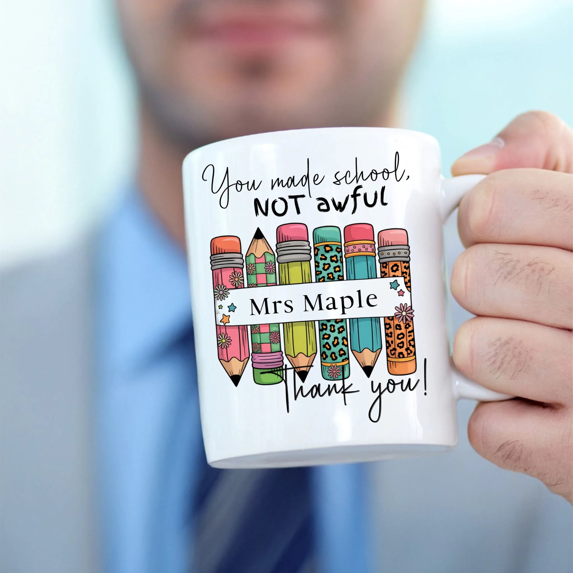 Teacher appreciation mug with heart and custom text