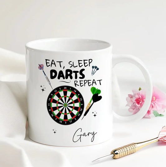 Eat Sleep Darts Repeat personalised mug with name