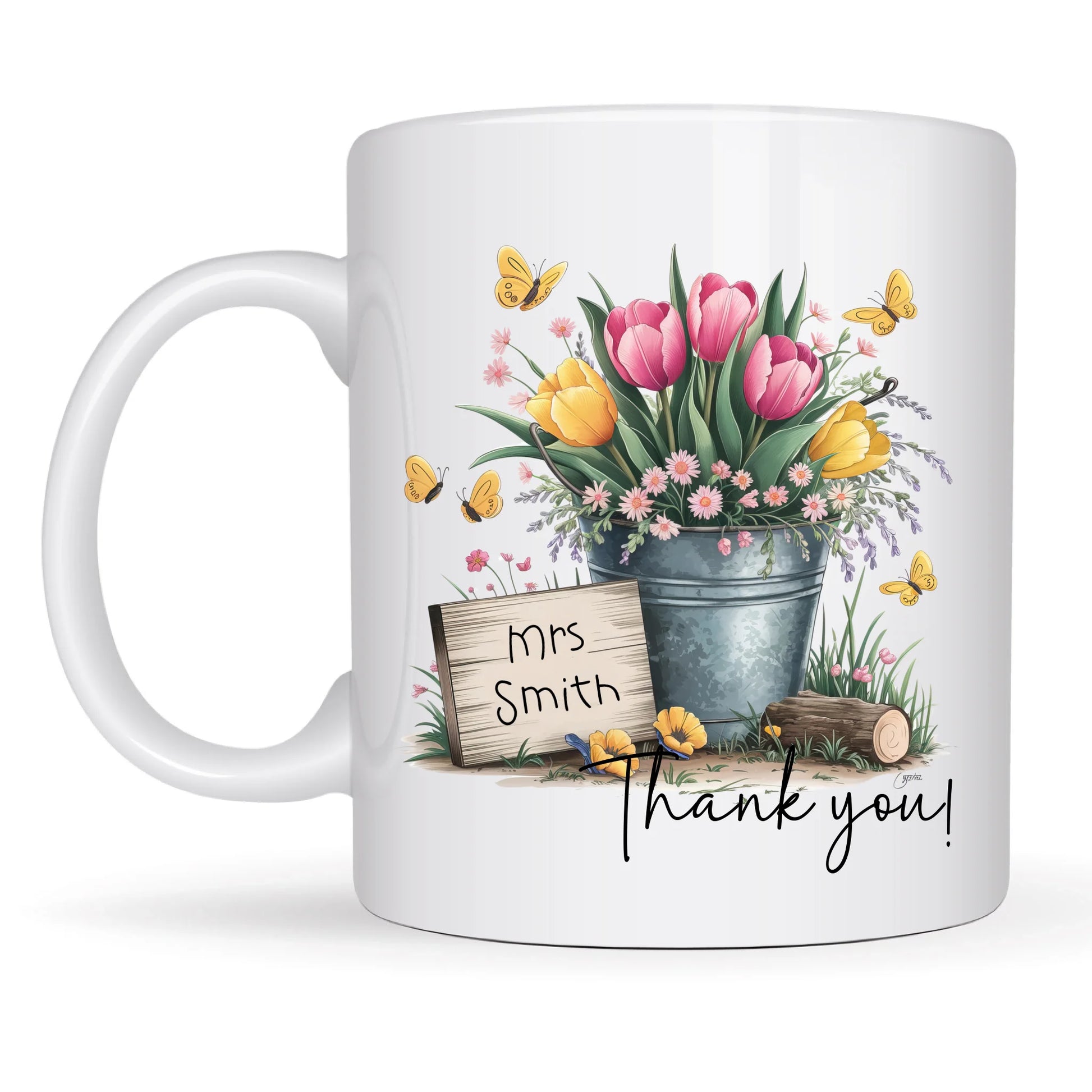 Floral thank you mug with name and butterflies
