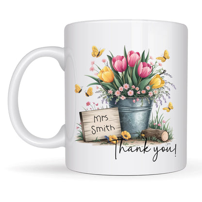 Floral thank you mug with name and butterflies