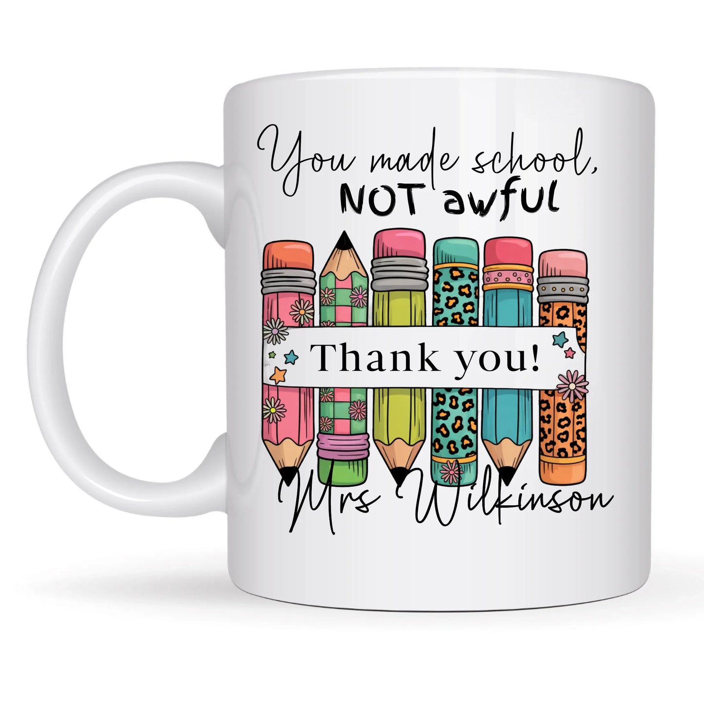 Funny teacher mug with colorful pencils