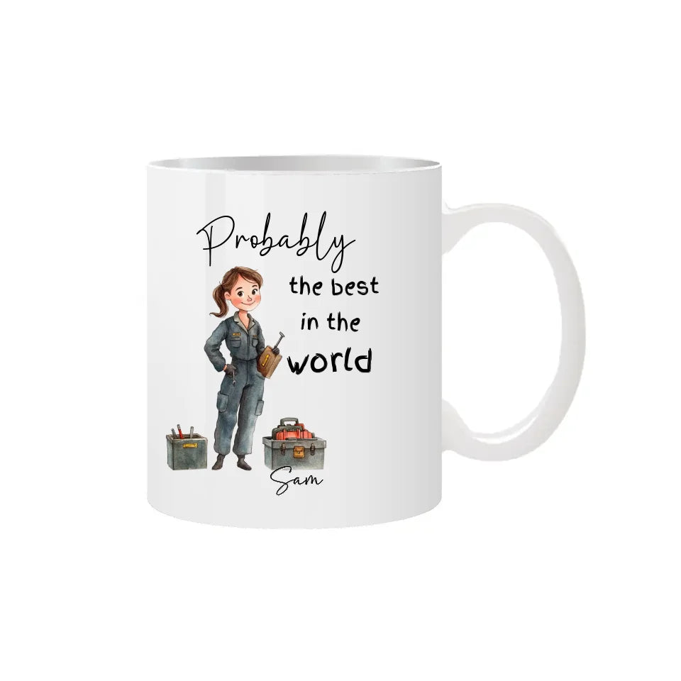 lady with overalls mug