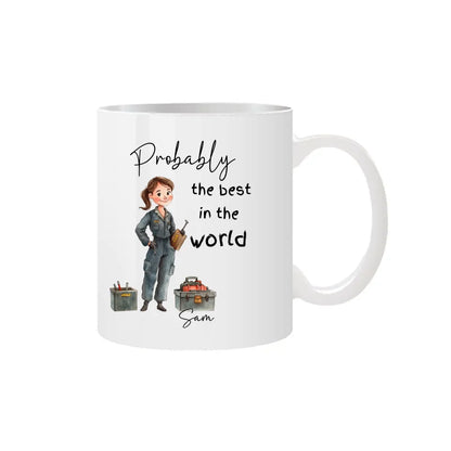 lady with overalls mug