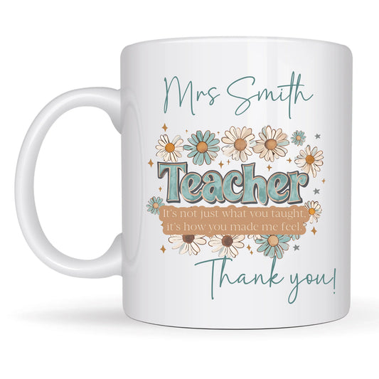 Personalized teacher mug with pastel daisies
