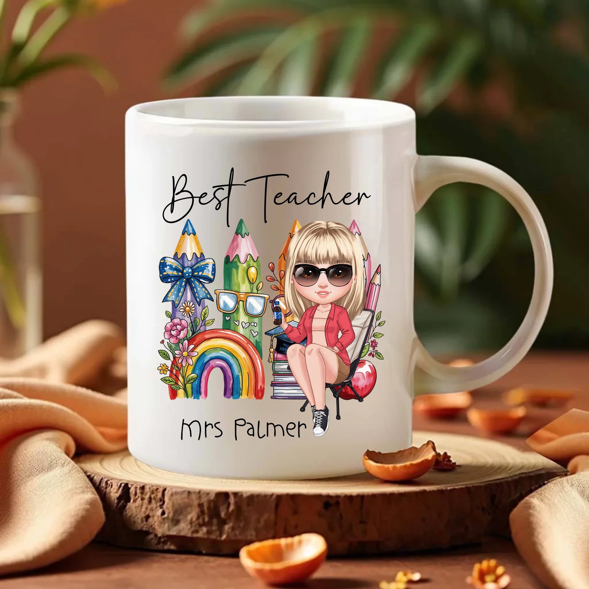 Custom cartoon teacher coffee mug for end of school year